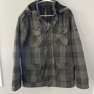 Billabong Men’s Small Jacket Black & Gray Plaid Quilted Lined Hooded Coat